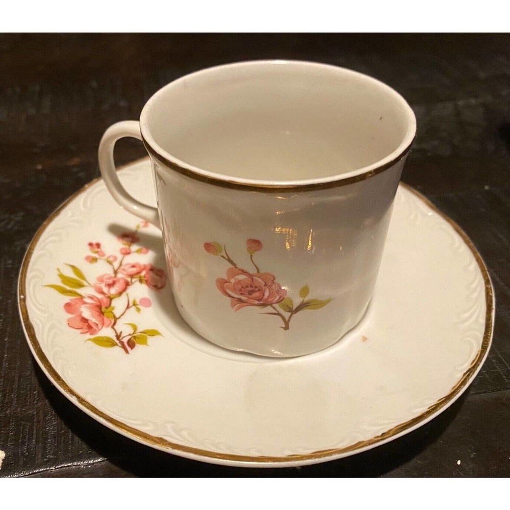 Vintage Porcelain Gold Rimmed Demitasse Tea Cup and Saucer/ARPO Made in Romania